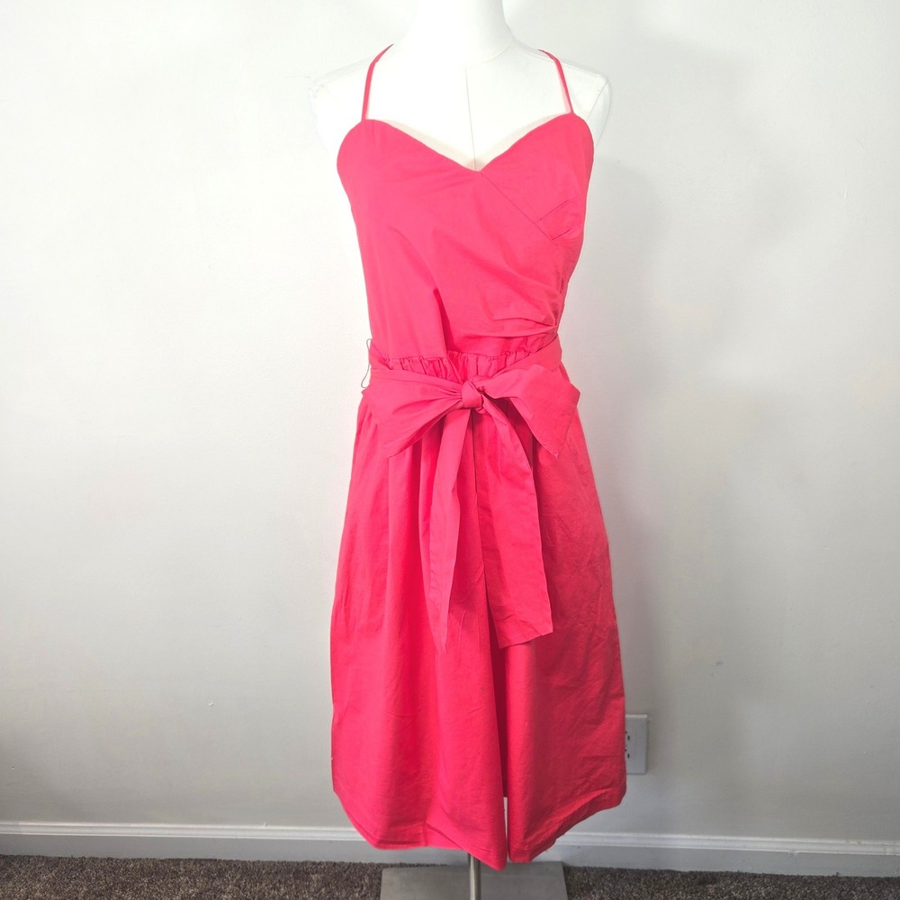 1901 Poplin Midi Dress Womens 14 Pink Wrap Bodice Tie Waist Crossback Straps‎